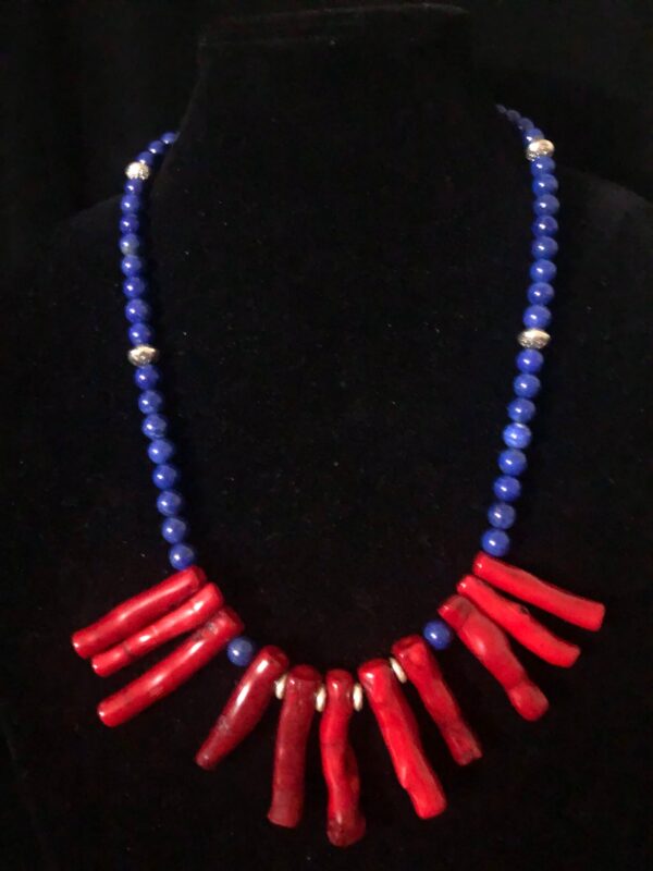 Blue jade necklace with dyed coral and silver beads
